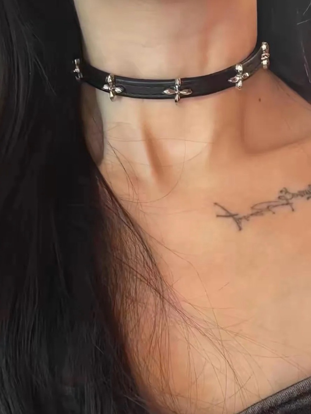 Black Leather Choker Necklace with Silver Stud Accents